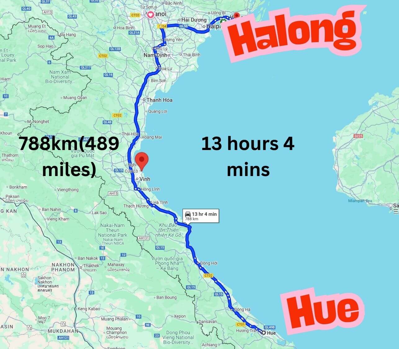 hue to halong bay map